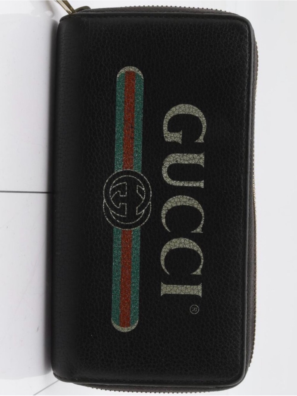 Gucci Black Zip-Around Leather Long Wallet w/ Green & Red Stripe Detail